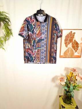 Fashion Nova Men's Floral Scene Polo Shirt Size Large